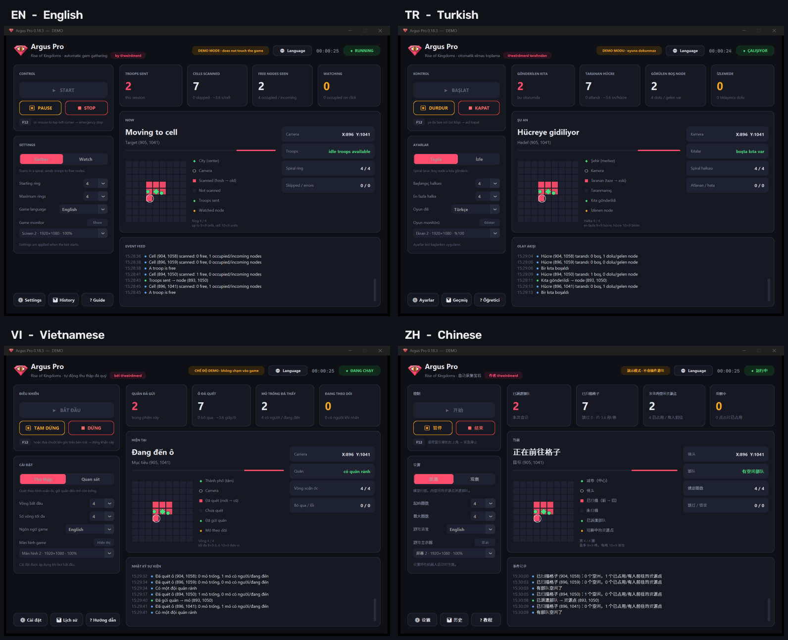 Argus Pro in four languages