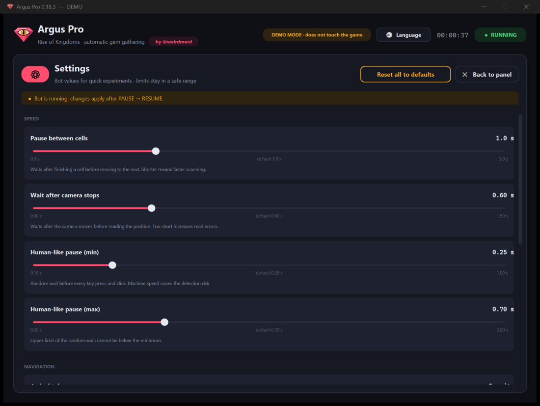 Argus Pro settings