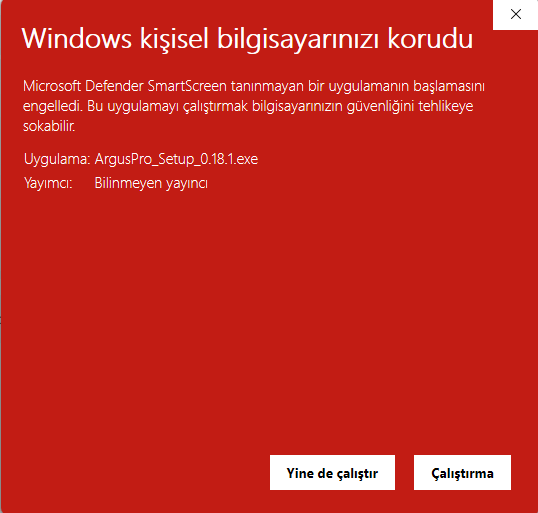 Windows SmartScreen window with the Run anyway button